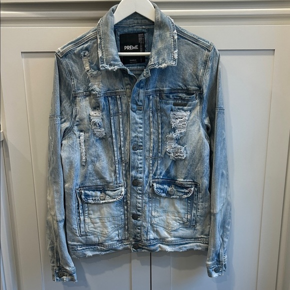 Preme Light Blue Distressed Whitewash Denim Jean Button Down Men’s Jacket Medium - Picture 3 of 16